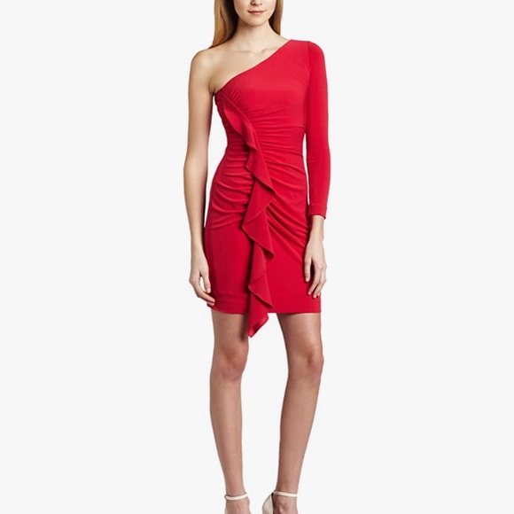 Jessica Simpson Women's One Sleeve Ruched Dress with Front Ruffle